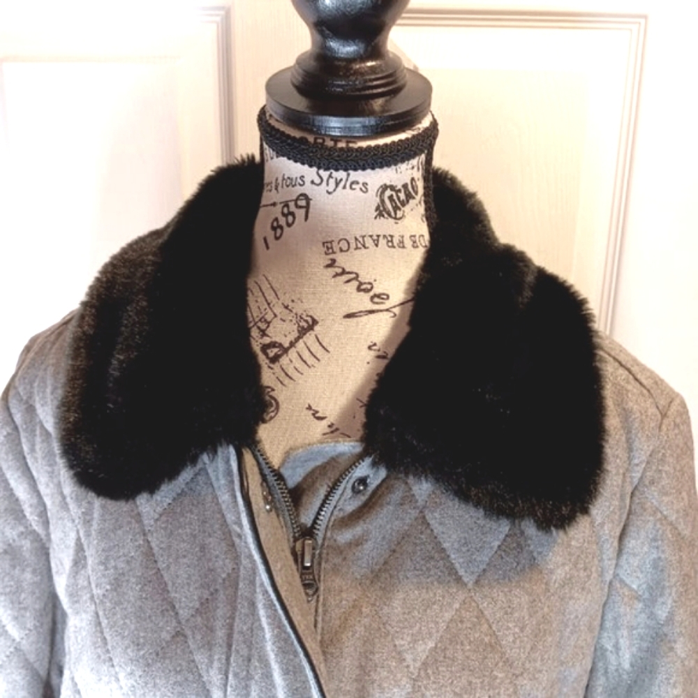 NWOT Alfred Sung Grey Wool Blend Pea Coat Quilted Black Faux Fur Collar XL - Picture 9 of 16
